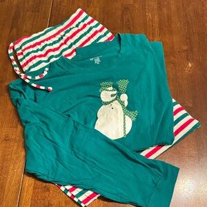 Men’s Snowman Pajama Set - Green Snowman shirt and Green and Red Stripe pants
